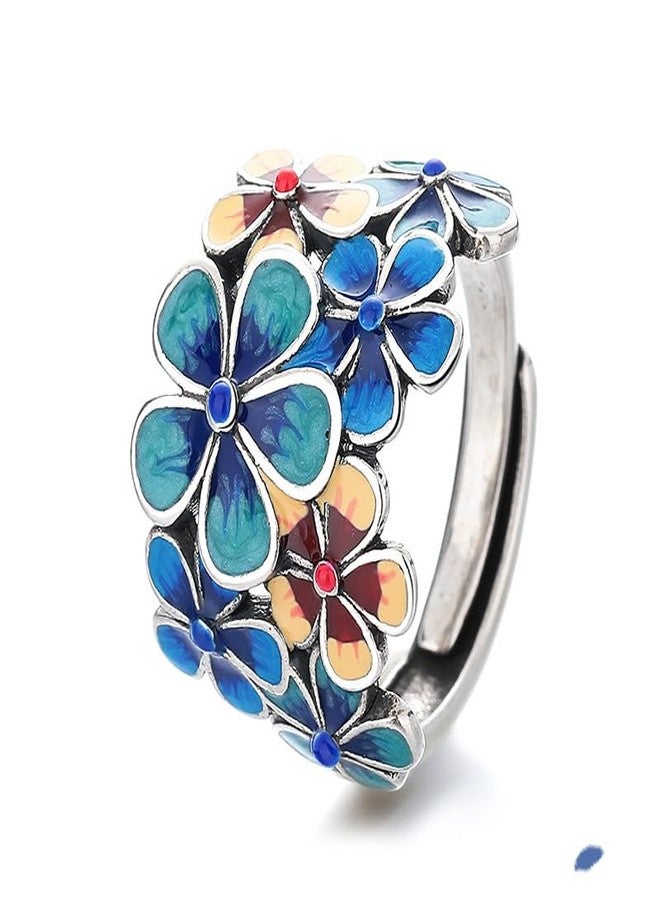 HAIXIAN Sterling Silver Fashion Rose Peony Flower Statement Band Ring, Thick Silver Plated Dainty Colorful Floral Enamel Band Ring Jewelry for Women (Adjustable) - Image 1